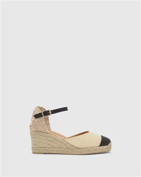 Alpargata tela beige y piel negra